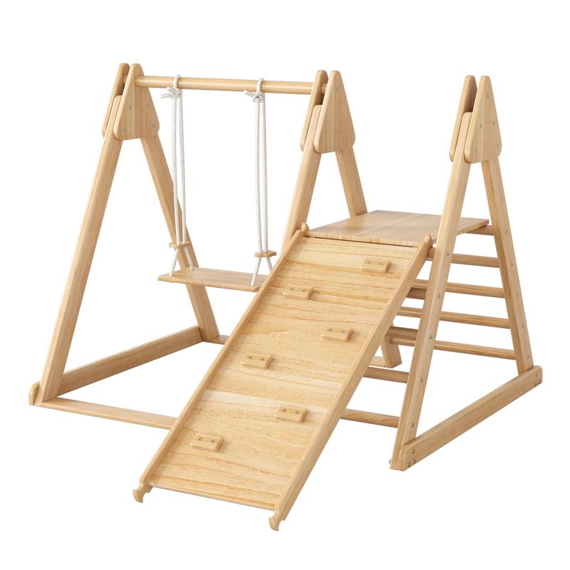 3 in 1 Kids Slide and Swing Set for Indoor Use, Solid Pine Wood Children's Climbing Frame with Slide, Swing, and Play Structure, Wooden Kids Toy Playground Equipment_voghion.com