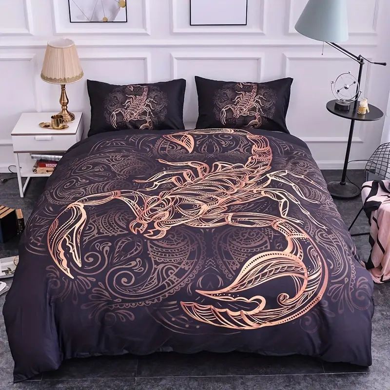 Black And Gold Scorpio Constellation Duvet Set Soft And Comfortable Bedroom Guest Room Bedding Digital Printing Three Piece Set_voghion.com