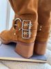 Matte Cowhide Western Cowboy Women's Genuine Leather Thick Heeled Short Boots, Square Toe Brown High Heels,_voghion.com