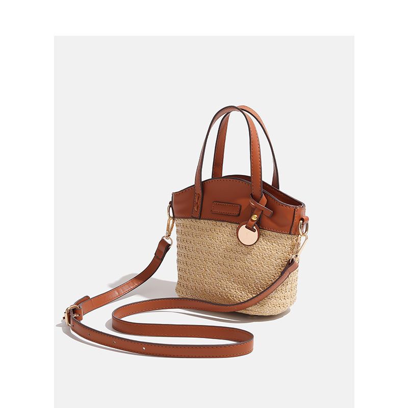 CHARHP&KEJNT summer grass woven beach splicing handbag contrasting color bucket crossbody bag_voghion.com