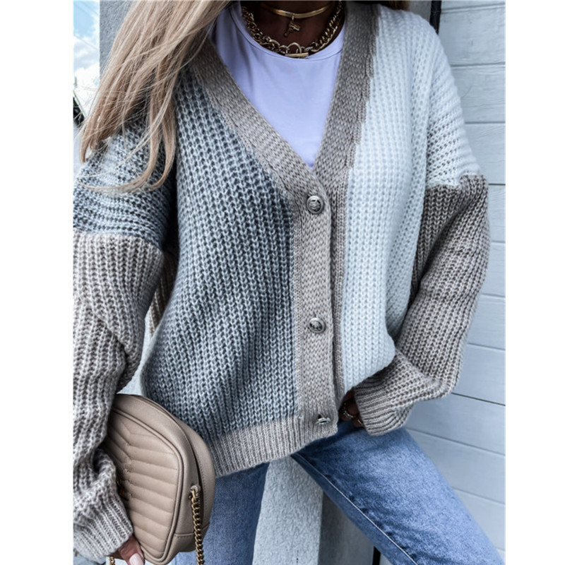 Cardigan in lana a maniche lunghe con impunture casual a blocchi di colore_voghion.com