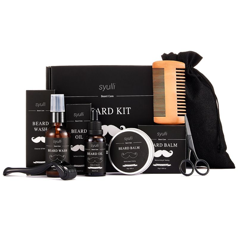 Siebenteiliges Bartset für Herren, glattes, feuchtigkeitsspendendes Öl, Kontrolle der Tiefenreinigung, Pflegeset, Geschenkbox_voghion.com