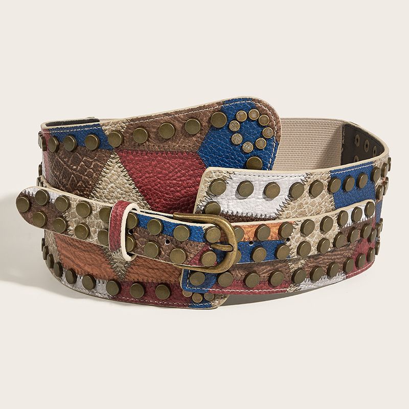 Cinturón elástico con remaches vintage para mujer, faja ancha y elástica, cinturón de diseñador, accesorio Y2K_voghion.com