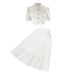 Women's Clothing Ladylike Stand Up Collar Single Breasted Puff Sleeves Short Top Two Piece Suit High Waist Wide Swing Skirt Summer_voghion.com