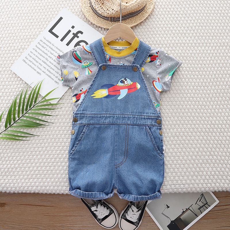 Pantalones de pulsera de manga corta con diseño de cohete para niño, verano 2024, nuevo conjunto de dos piezas de moda para bebés y niños_voghion.com