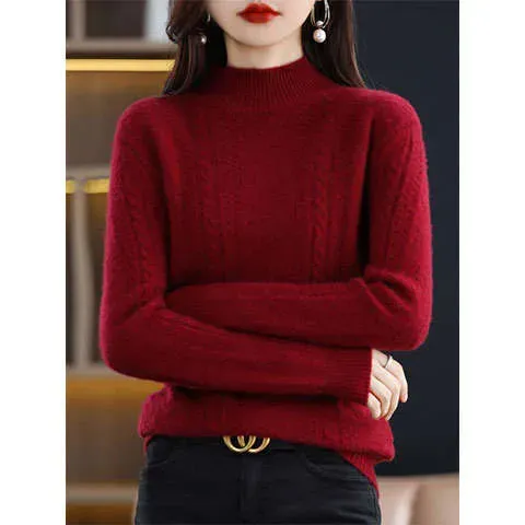 Maglione versatile in maglia a trecce, con collo alto, in cashmere caldo, per donna, autunno inverno_voghion.com