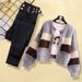 Autumn Women's Two-Piece Outfit - Color Block Knit Cardigan & High Waist Jeans, Tea-Inspired Casual Set (M-4XL)_voghion.com