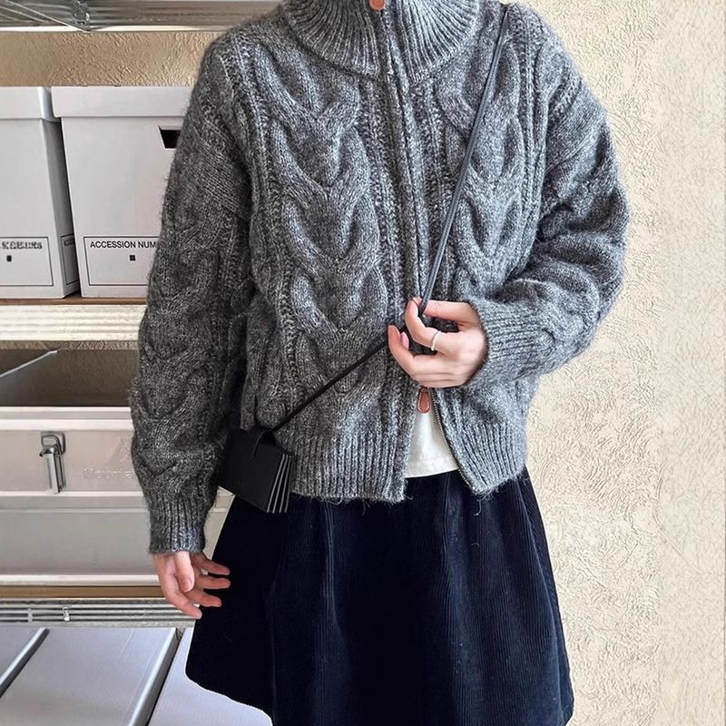 ​​Cozy Oversized Cable Knit Cardigan For Women - Winter Lazy Style Zip-Up Sweater With Shawl Collar, Casual Korean Loose Fit​_voghion.com