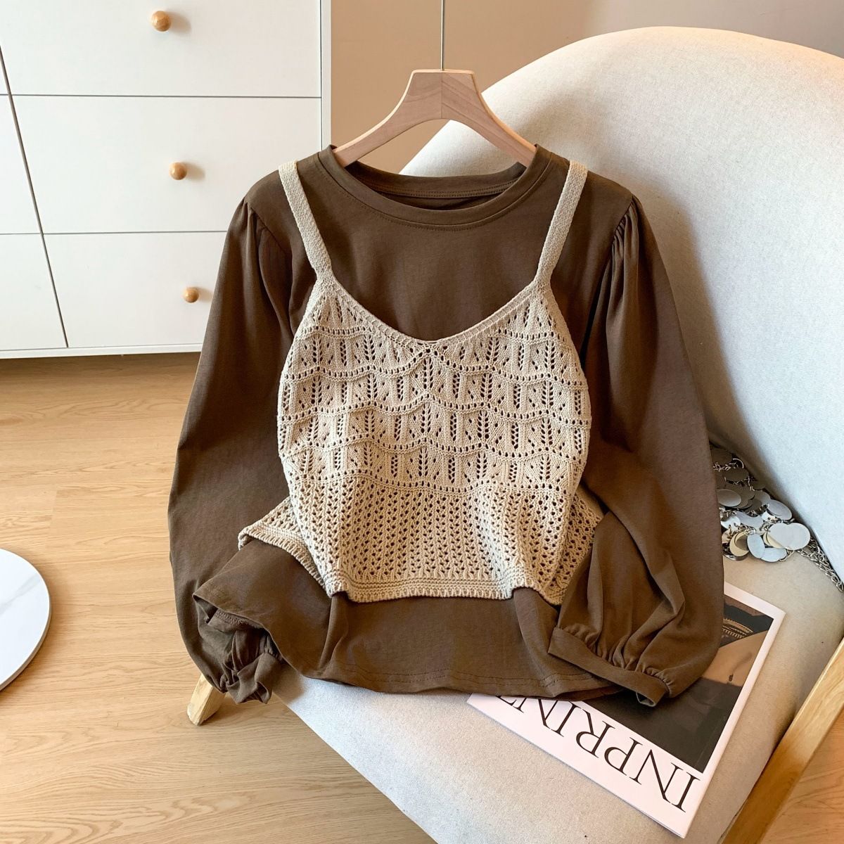 Completo da donna con gilet in maglia e camicia a maniche lunghe in stile coreano – Completo autunnale a due pezzi (S-XL, rosso/kaki/giallo)_voghion.com