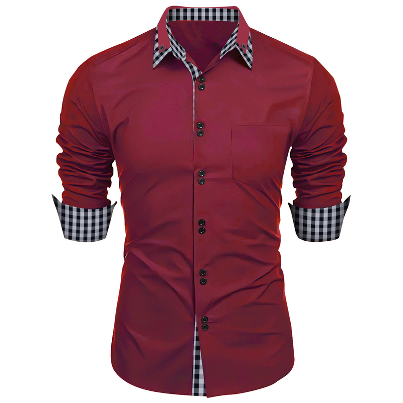 New Wear Frühling und Herbst Herrenmode Check Color Block Business Slim Fit Casual Langarmhemd_voghion.com
