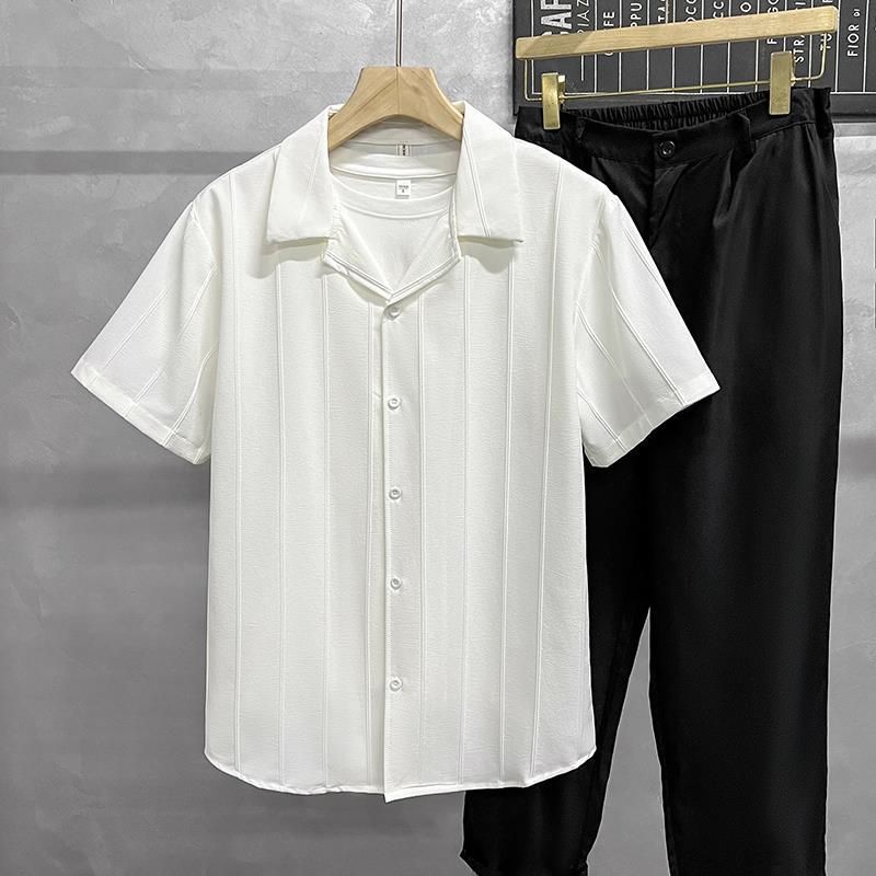 Men's Clothing Men's Drapey Short Sleeved Loose Collar Non Iron Shirt Cuban High End Vertical Stripe Design Texture Shirt Casual Niche_voghion.com