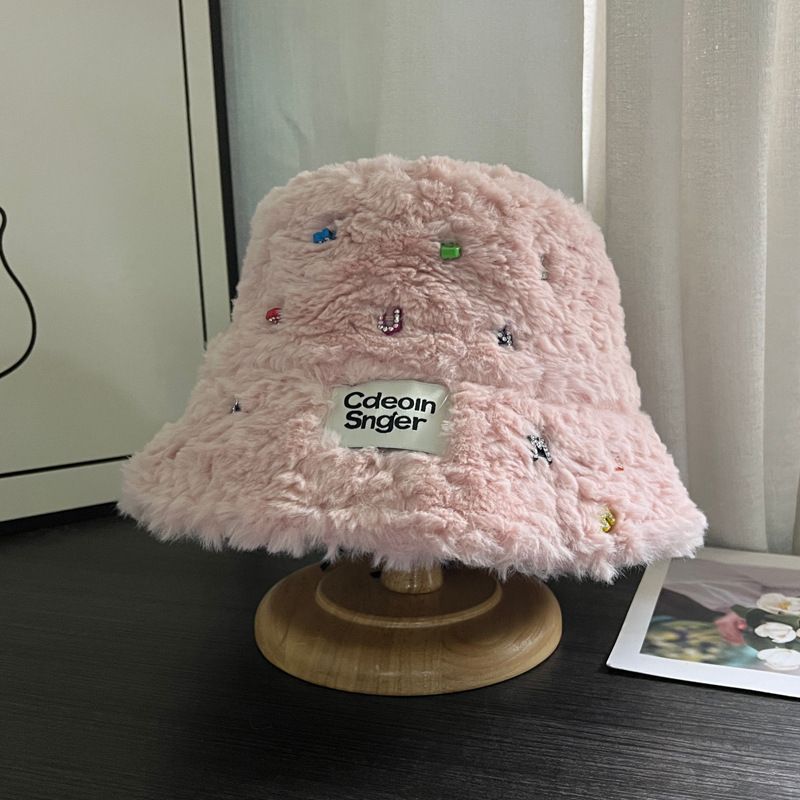 Plush Handmade Letter Diamond Fisherman Hat For Women Autumn And Winter All Match Warm And Cold Proof Fashionable Bucket Basin Hat_voghion.com
