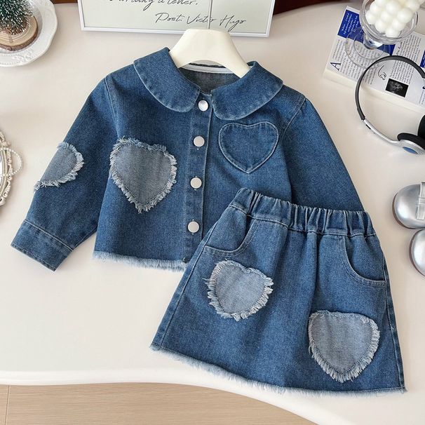 Giacca da bambina primavera e autunno, gonna in denim patchwork, gonna in denim alla moda autunnale, set due pezzi Tide_voghion.com