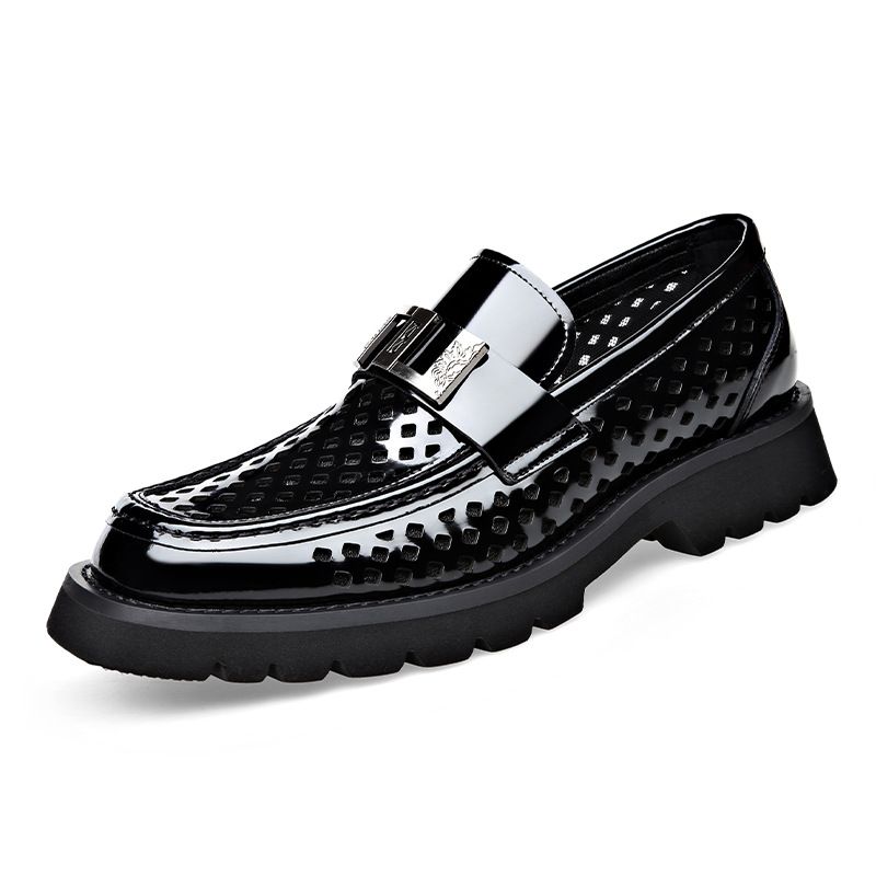Casual Leather Shoes Men, Perforated One Foot Stomping, Loafers, Fashionable Trendy, Shiny Leather, Big Toe Shoes,_voghion.com
