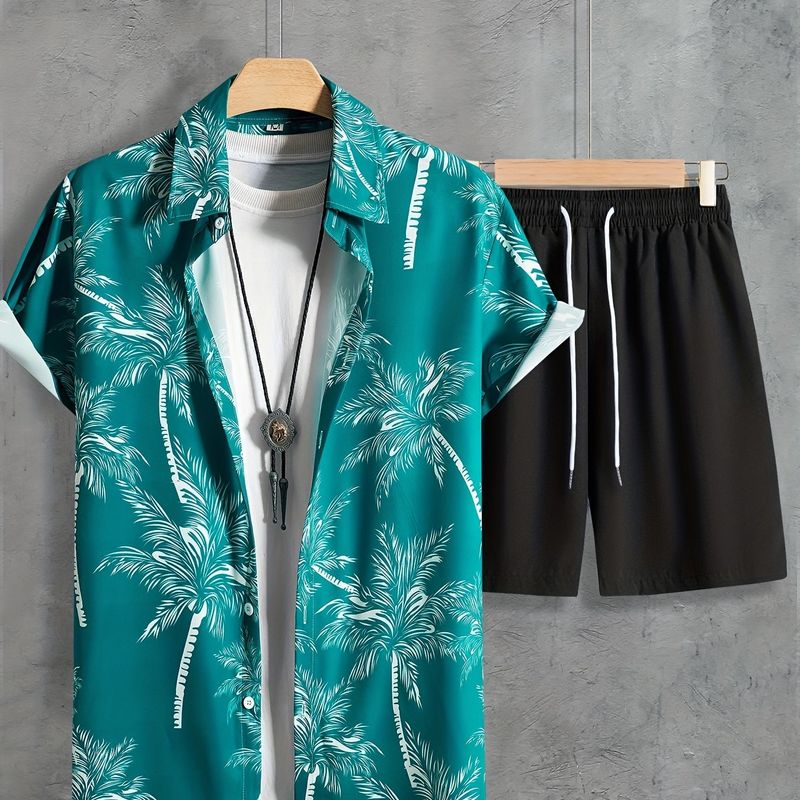 Coconut Tree Print, 2Pcs Outfits, Casual Camp Collar Lapel Button Up Short Sleeve Shirts Hawaii Shirt And Drawstring_voghion.com