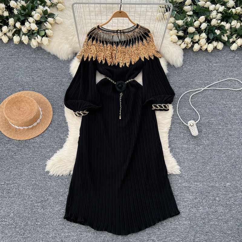 Damenbekleidung Herbst Retro-Palaststil schwere Paillettenstickerei langes plissiertes Kleid mit Puffärmeln weiblicher Faltenrock_voghion.com