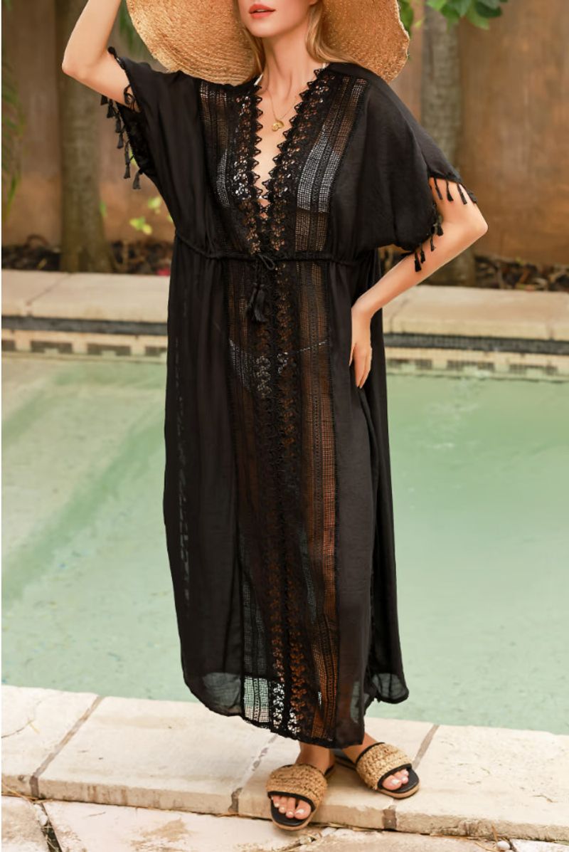 Damenbekleidung Sommer Bambus Baumwolle Quaste Langes Kleid Weiblicher Bikini Cover Up Strandkleid_voghion.com