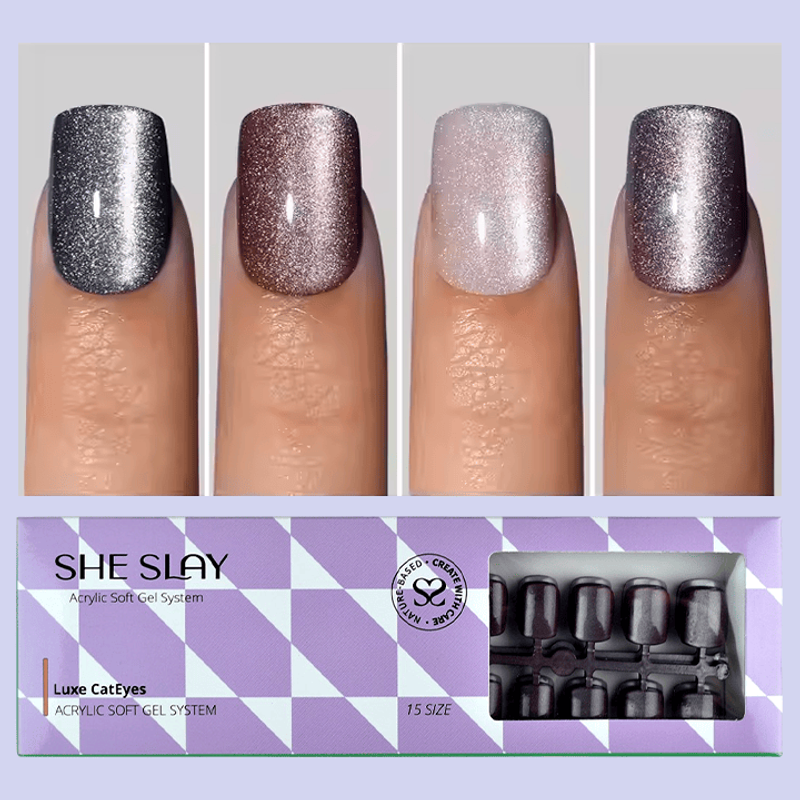SheSlay Cat Eye Glitter Gel Press-On Nails | 120pcs Short Square | Glossy & Handmade_voghion.com