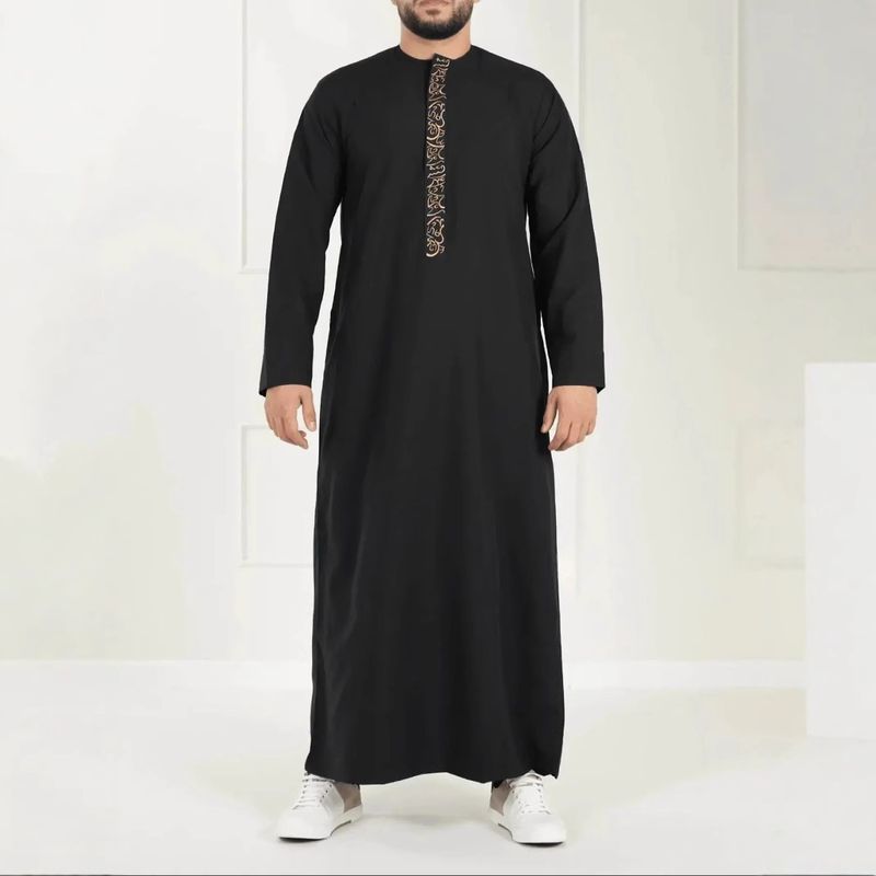 Herrenbekleidung Neue muslimische Langarm-Seitentasche Stickerei Stil Herren lose Robe_voghion.com