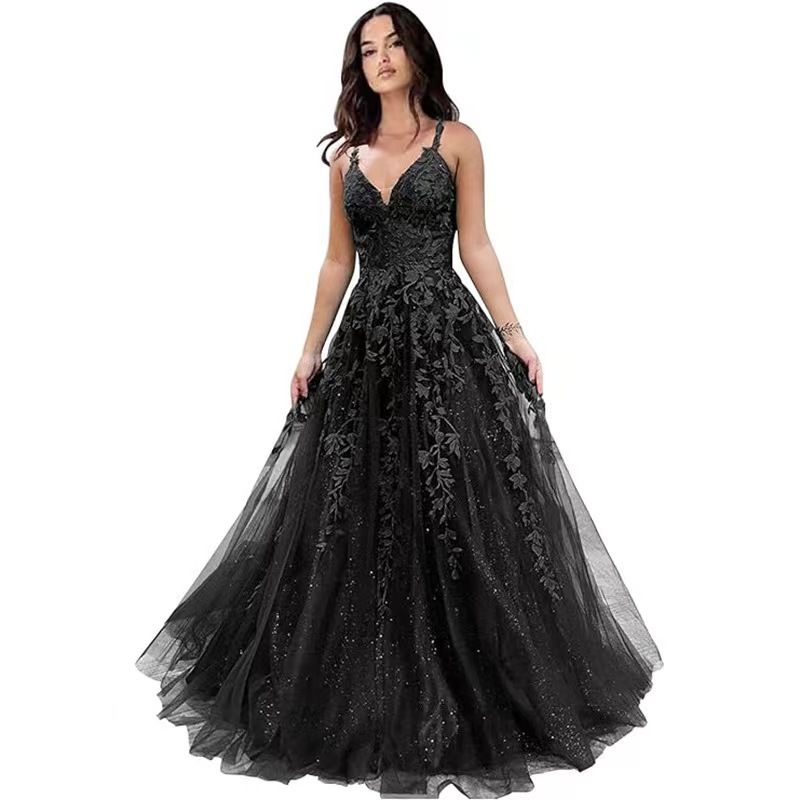 Ballkleid aus Glitzertüll für Damen, langes Ballkleid mit Spitzenapplikationen und Spaghettiträgern in A-Linie_voghion.com