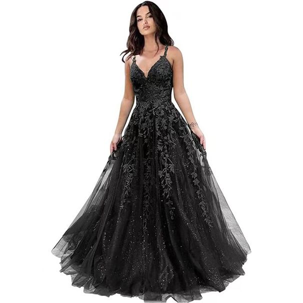 Ballkleid aus Glitzertüll für Damen, langes Ballkleid mit Spitzenapplikationen und Spaghettiträgern in A-Linie_voghion.com