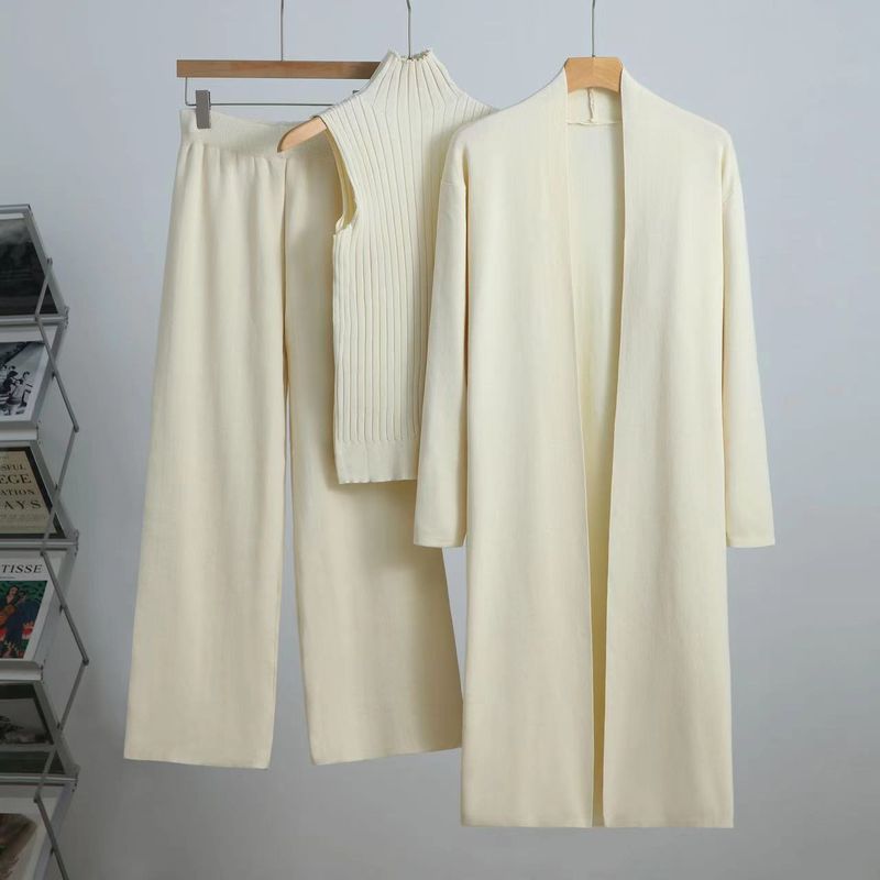 Ensemble de détente élégant en tricot : gilet sans manches, cardigan et pantalon (ensemble 3 pièces, couleurs unies, tailles polyvalentes)_voghion.com