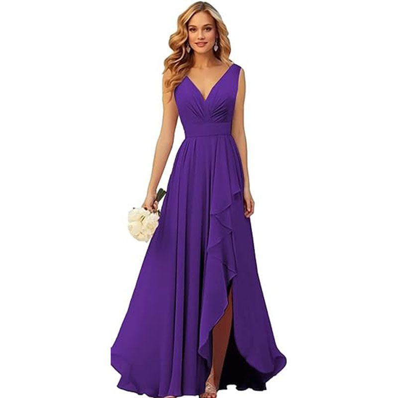 Robe de soirée longue en mousseline de soie, col en V, plissée, fendue, nouée_voghion.com