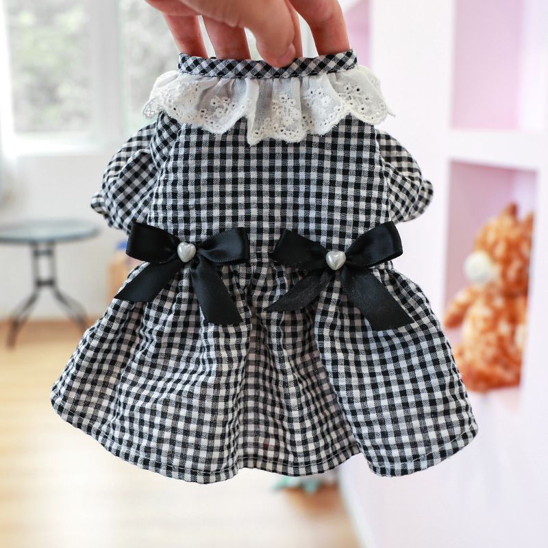 Pet Circle Dog Clothing Cat Clothes Bowknot Lace Collar Edge Black And White Plaid Princess Heart Pearl Dress_voghion.com