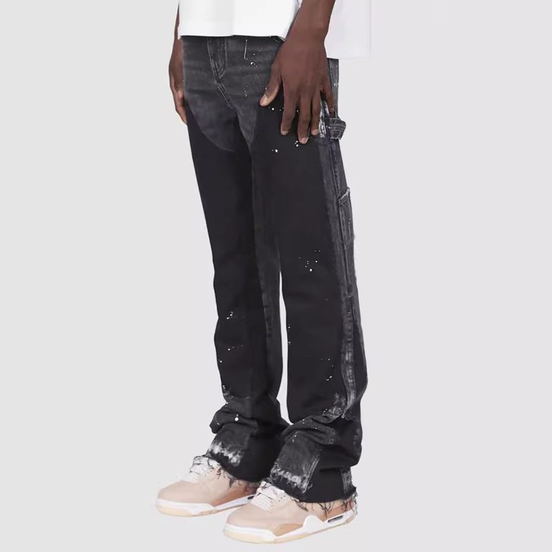 2024 men's denim workwear pants, European and American fashion ins workwear, foreign trade elastic patch denim layered flared pants_voghion.com