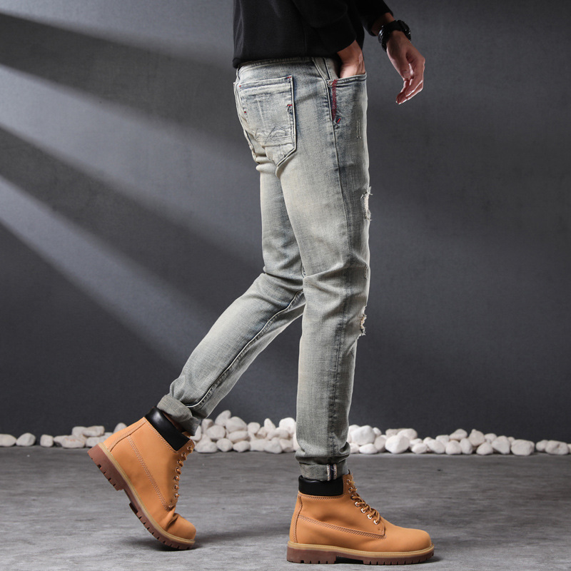 Spring and autumn high-end light colored distressed jeans, men's slim fit small Korean version, trendy elastic straight_voghion.com