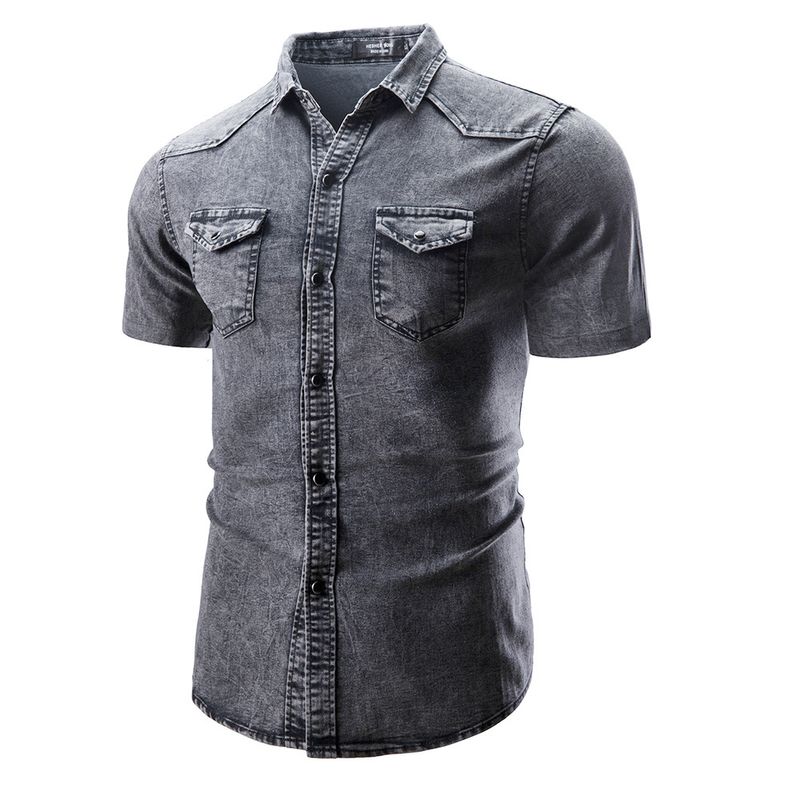 Vêtements homme Chemise à manches courtes en denim pour homme Chemise à manches courtes double poche_voghion.com