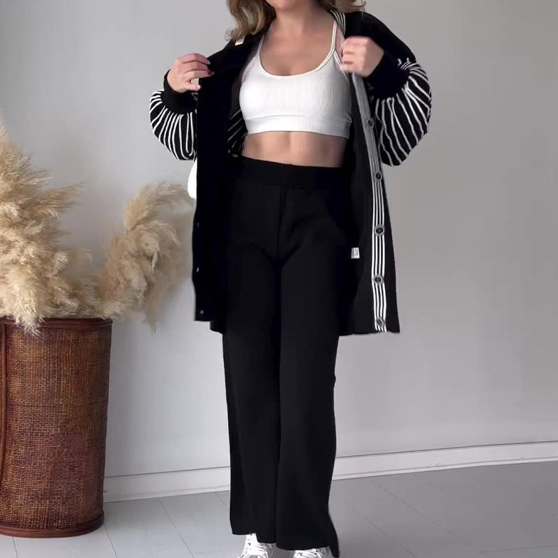 Women's fashion striped print casual lazy style sweater jacket for women_voghion.com