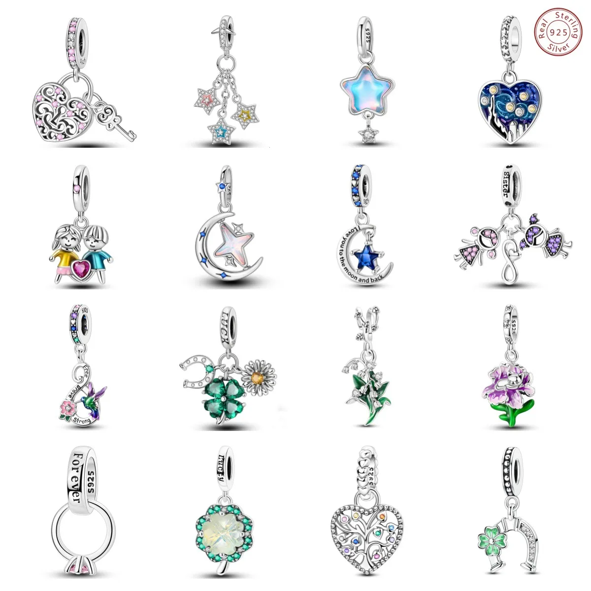 Women's Jewelry 925 Sterling Silver Charm Four Leaf Clover Tree Of Life Hummingbird Lily Of The Valley Beads Starry Sky Sister Pendant DIY_voghion.com