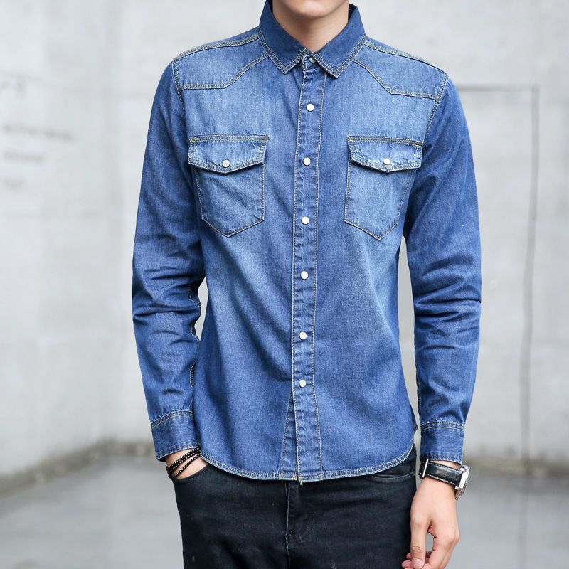 Camicie in denim da uomo primaverili e autunnali # 039; camicie in denim di tendenza coreana slim a maniche lunghe da uomo # 039; s nuovo denim in cotone all'ingrosso_voghion.com