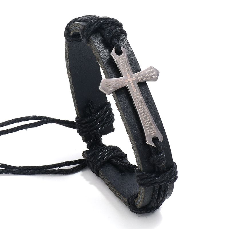 Bracciale in pelle di vacchetta intrecciata con cordino regolabile da uomo in lega_voghion.com