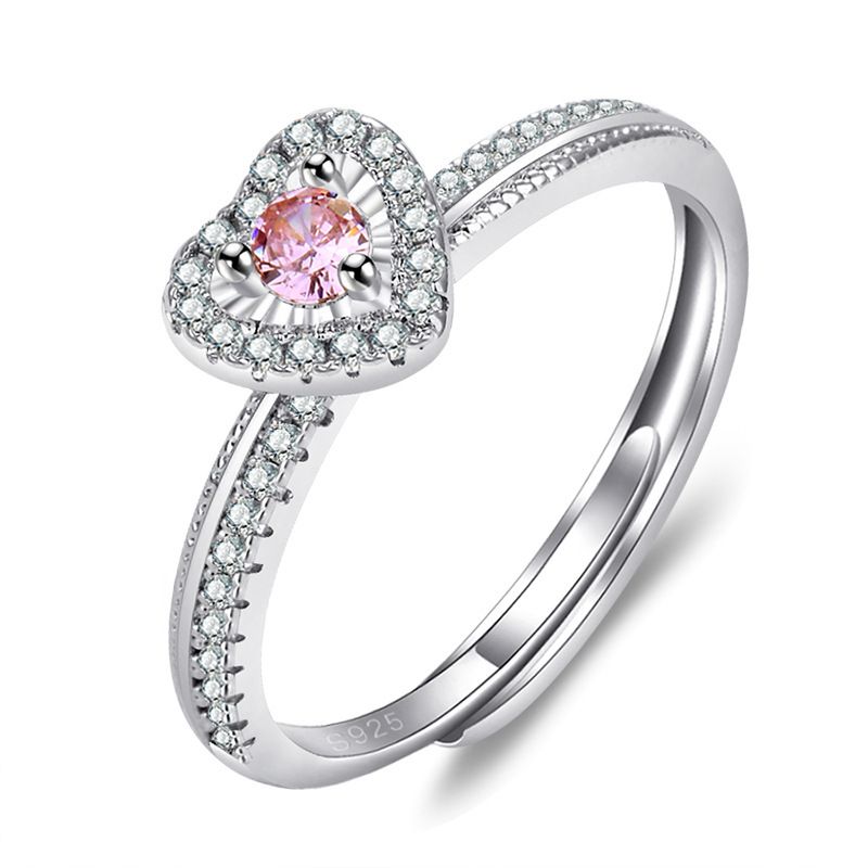 Populære enkle sølv pulver diamantring hjerteformet farvet diamant åbning fuld cirkel 50 point moissanite ring smykker_voghion.com