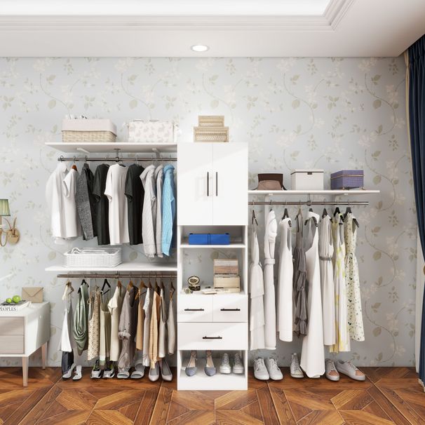 "95.6'' Closet Organizer System With Dual Hanging Rods, Shelves, And Drawers – White Engineered Wood Wardrobe For Bedroom Storage_voghion.com