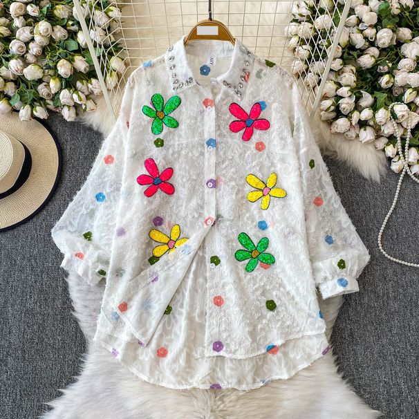 Elegant Embroidered Floral Blouse With Rhinestones & Fringe – Loose Fit Lantern Sleeve Top For Women, Sweet & Stylish Summer Office Wear_voghion.com