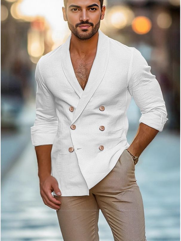 Frühling und Herbst Herrenanzug Zweireihig Lässig Baumwolle und Leinen Modehemd Langarm Strickjacke Einfarbige Jacke_voghion.com
