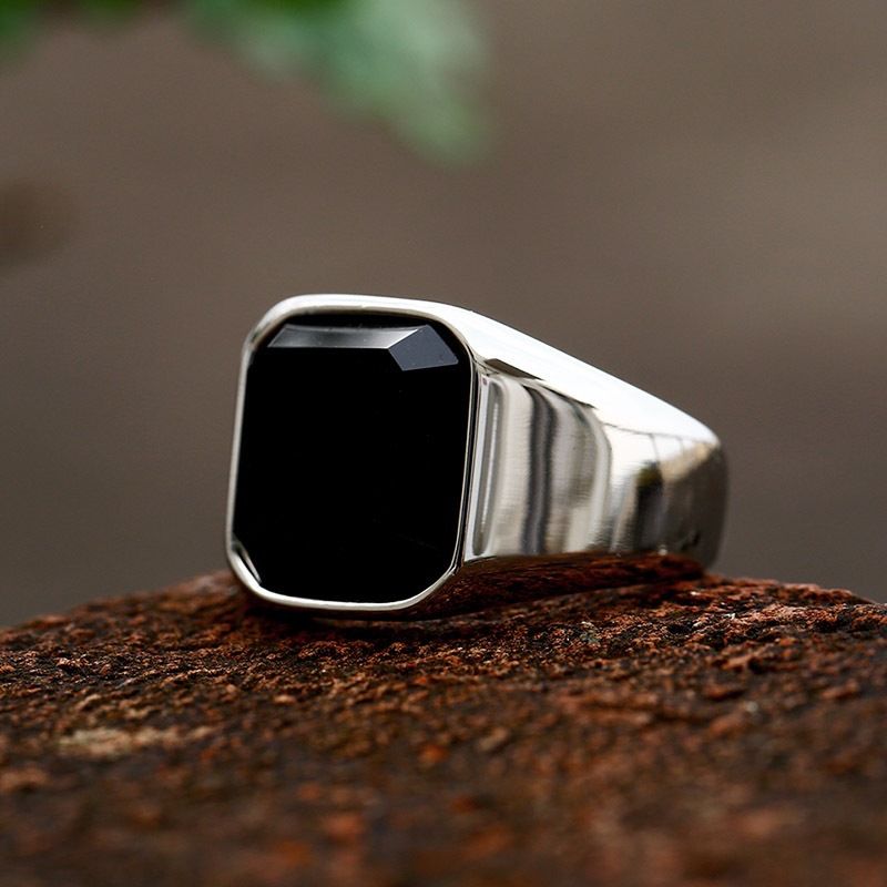 Feiyu Fashion Stoute Heren Eenvoudige Vierkante Zwarte Onyx Punk Hip Hop Straat Zilveren Ring_voghion.com