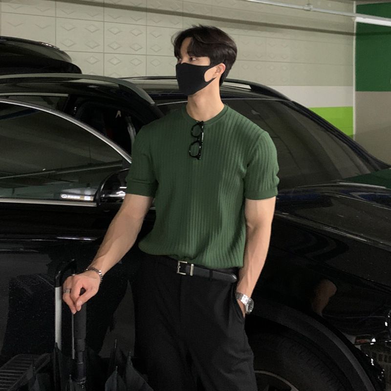 Summer men's T-shirt short sleeved knitted sweater elastic Korean loose American men's clothing stylish men's top_voghion.com