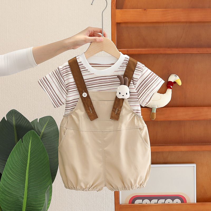 Baby Sommerkleidung 2025 Neue Jungen und Mädchen gestreifte Cartoon-Overalls Kurzarmanzüge 0 5 Jahre alte Kleidung zweiteilig_voghion.com
