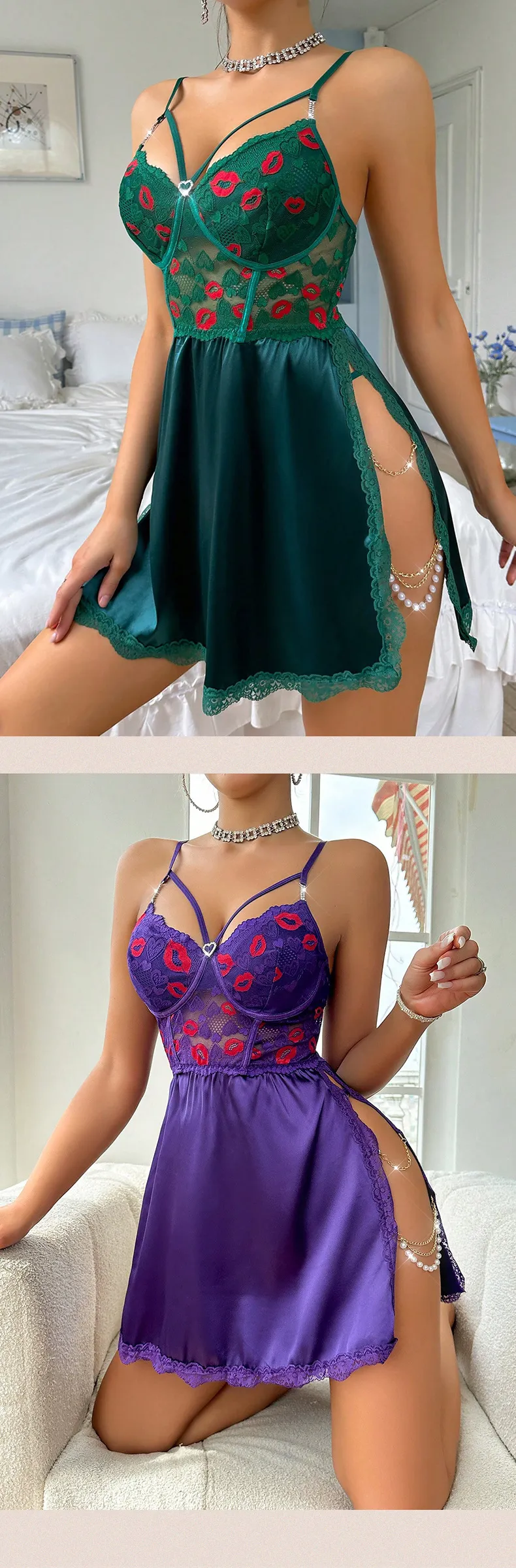 Foreign trade European and American lace sexy lingerie women's suit pure temptation sexy see through pajamas nightdress suspender skirt_voghion.com