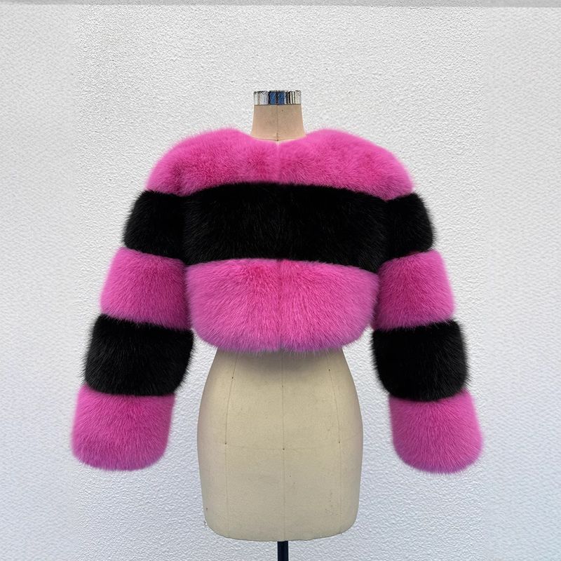 Cappotto in pelliccia sintetica da donna – Giacca ultra corta con finiture in pelliccia di volpe (rosso rosa/nero, S-3XL) | Capispalla alla moda invernale_voghion.com