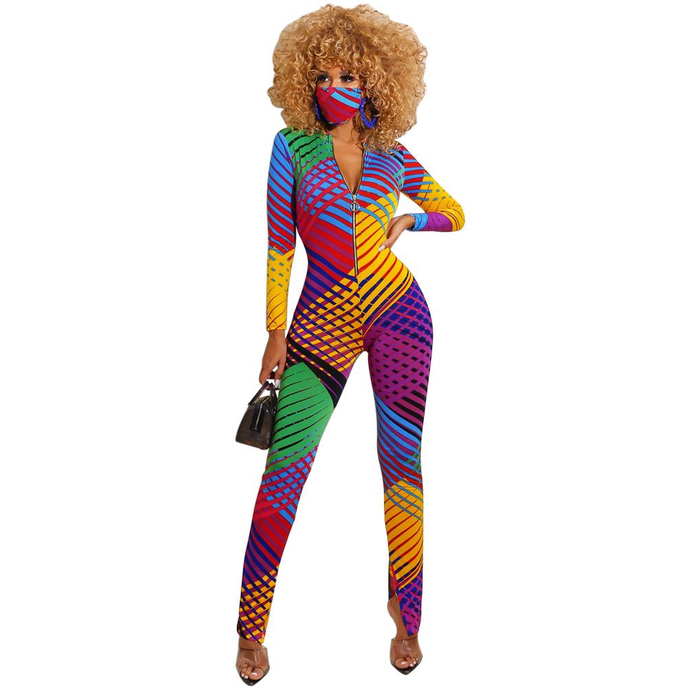 F224 Sexy Zipper Printed Slim Fit Jumpsuit With Mask Included_voghion.com
