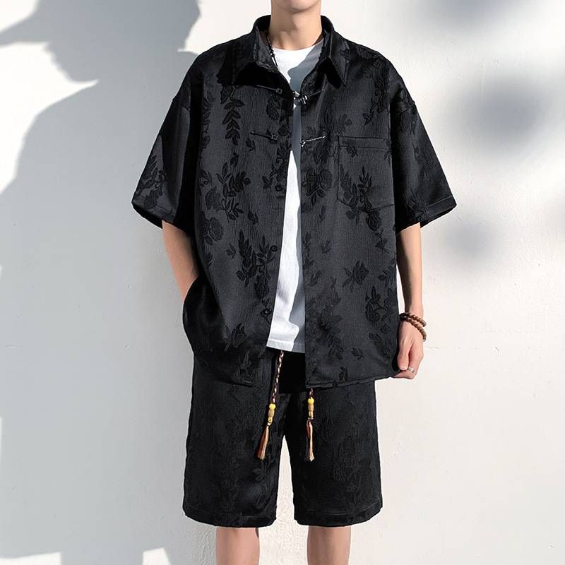 Men's Clothing Braided Drawstring Five-point Two-piece Suit Men's Casual Loose Suit_voghion.com