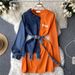 Women's Clothing Denim shirt patchwork dress long sleeves asymmetrical design niche waist slimming hip skirt_voghion.com