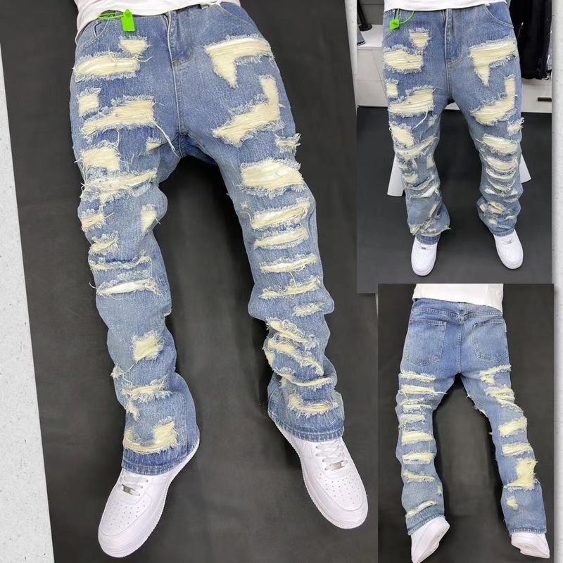 Men's Clothing Retro Heavy Industry Damage Erosion Patch Design Jeans High Street Hole Cleanfit Pants_voghion.com