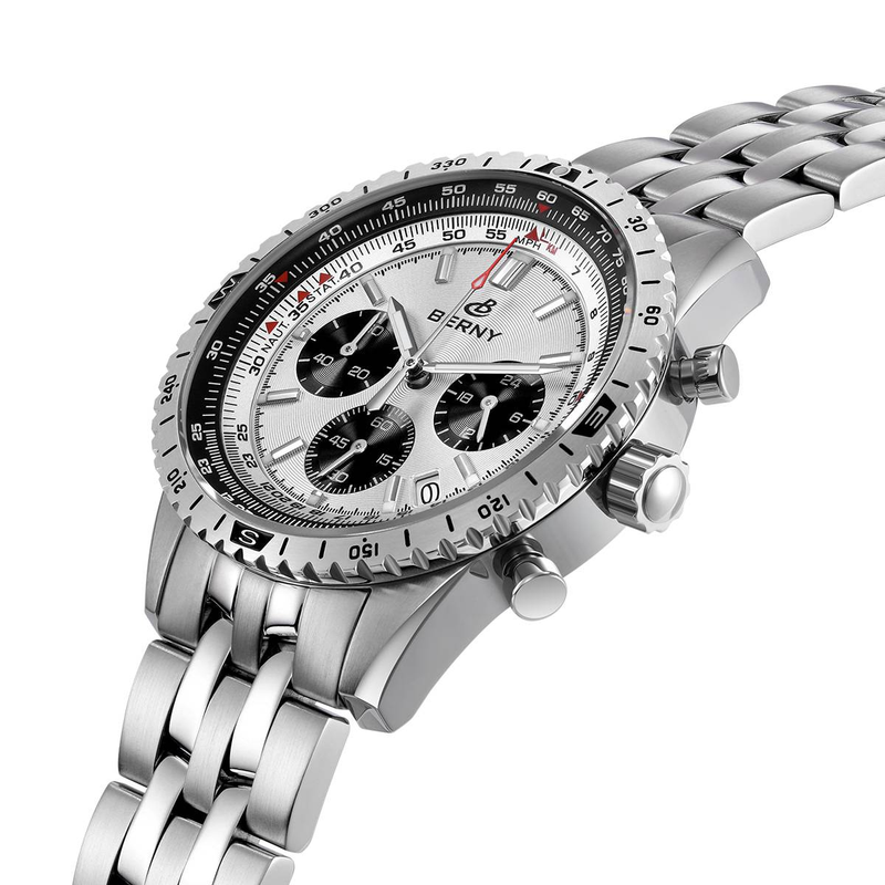 Montre chronographe BERNY argentée pour homme, montre à quartz multifonction avec tachymètre, date, acier inoxydable, étanche, saphir lumineux_voghion.com