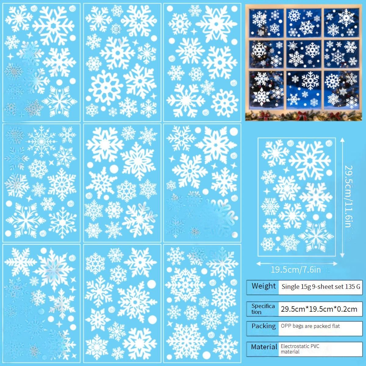 Selbstklebende Schneeflocken-Fensteraufkleber – 9er-Set wiederverwendbare PVC-Aufkleber für die Weihnachtsdekoration (20 x 30 cm, statisch haftend, keine Rückstände)_voghion.com
